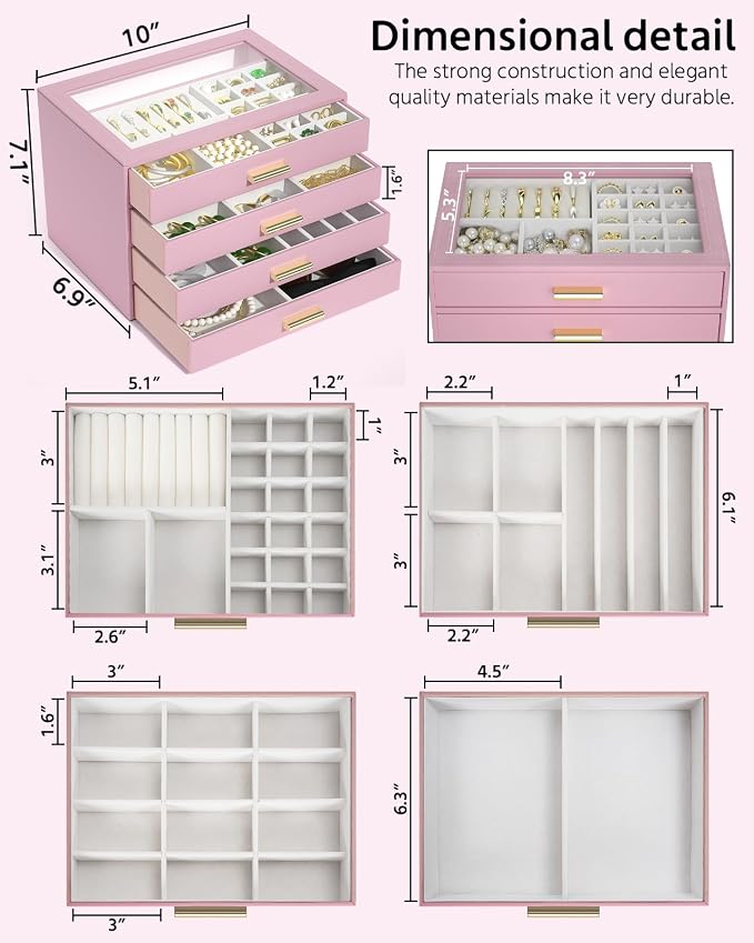 AKOZLIN Jewelry Box with Clear Lid Functional Leather Jewelry Storage Organizer Case 4 Drawers for Women Girls Necklace Ring Bracelet Earring - Image 5