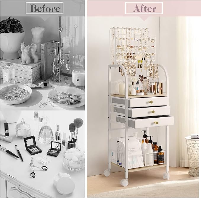 Keebofly Jewelry Organizer Stand with 3 Drawers, Large Necklace Holder & Earring Organizer Rack, Wooden Jewelry Tree Tower for Rings, Bracelets, Sunglasses and Skincare, Gift for Women, White - Image 4