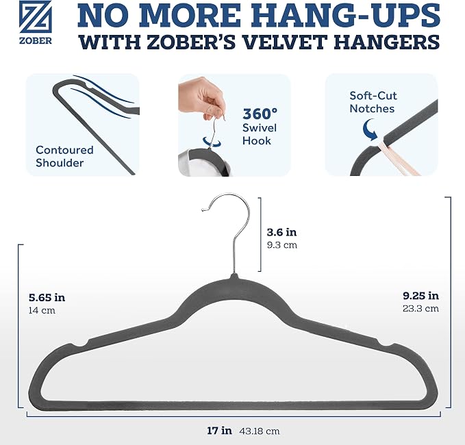 Zober Velvet Hangers 50 Pack - Heavy Duty Gray Hangers for Coats, Pants & Dress Clothes - Non Slip Clothes Hanger Set - Space Saving Felt Hangers for Clothing - Image 3