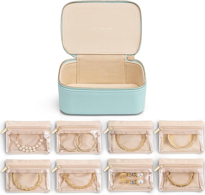 VLANDO Jewelry Travel Case,Travel Jewelry Organizer with Clear Velvet Jewelry Bags 8Pcs Zipper Pouch for Women Girl Gift-Lake Blue by VLANDO