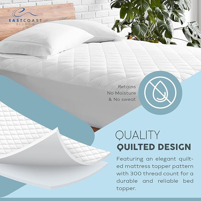 100% Cotton Cover Waterproof Mattress Pad Protector Polyester Filled Quilted Deep Pocket Fits Up to 18 Inches, Twin