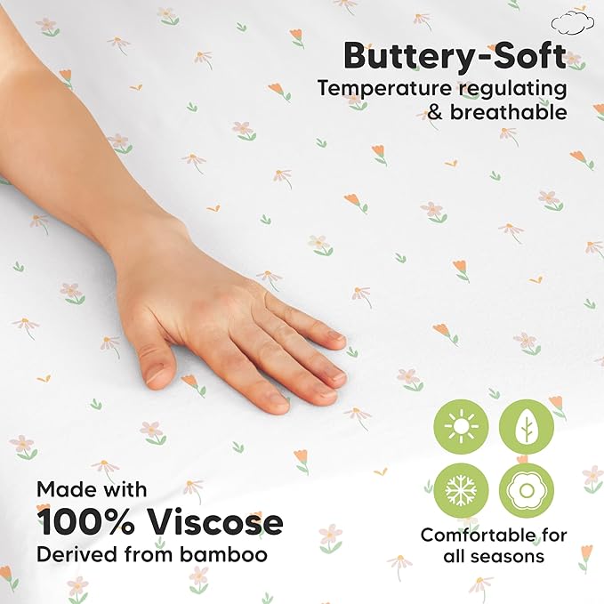 Pack and Play Sheets Fitted - 2-Pack Mini Crib Sheets for Pack N Play Mattress 38x26, Soft & Cozy, Neutral Toddler Playard Bedding, Snug Fitted Mini Baby Crib Mattress Cover Boy, Girl (Wildflowers)