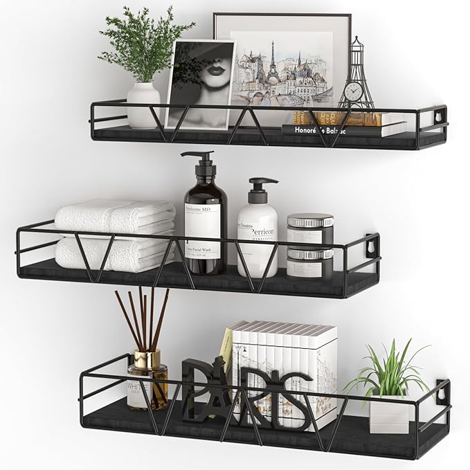 Amaoot Floating Shelves Set of 3, Home Wood Wall Shelf, Farmhouse Shelf for Bedroom, Wall Mounted Floating Shelf for Living Room, Bedroom, Bathroom, Kitchen, Office (Black 2) by Amoot