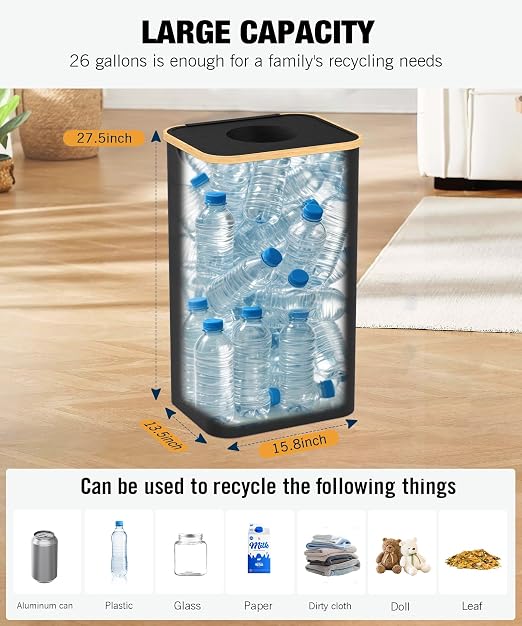 Recycling Bins for Kitchen, 26 Gallon (100L) Recycle Bin with lid, Indoor Oxford Fabric Recycling Trash Can with 2 Pack Removeable and Reusable Inner Bags for Bottle Can Glass Plastic Sticker, Black - Image 4