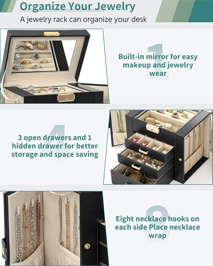 AKOZLIN 4-Tier Jewelry Box Leather Jewelry Storage Organizer with 3 Drawers Lockable for Women Girls Ring Necklace Earring Bracelet Holder with Mirror Black - Image 5