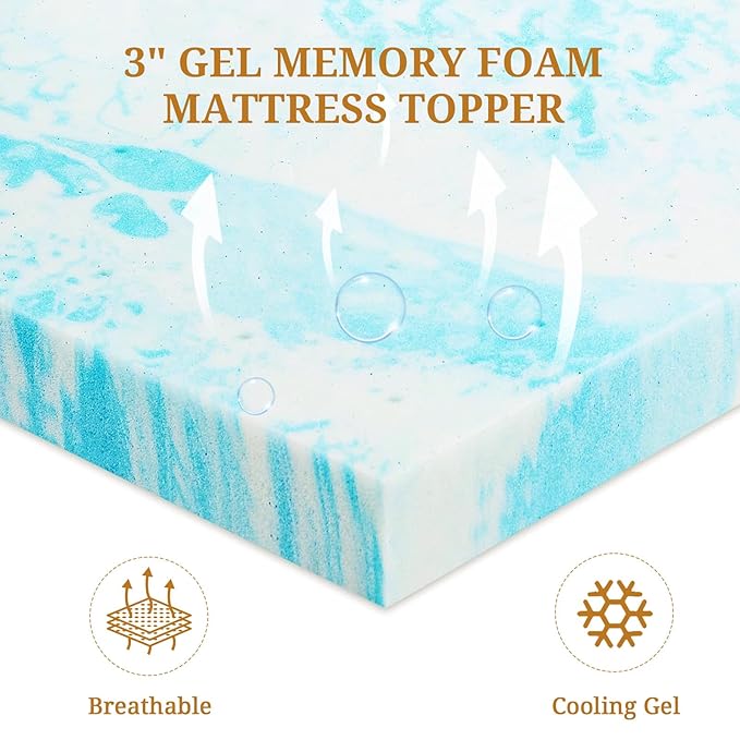 Mattress Topper Full, 3 Inch Gel Infused Memory Foam Mattress Topper, Pressure Relief, Mattress Pad, Breathable Bed Topper, CertiPUR-US Certified