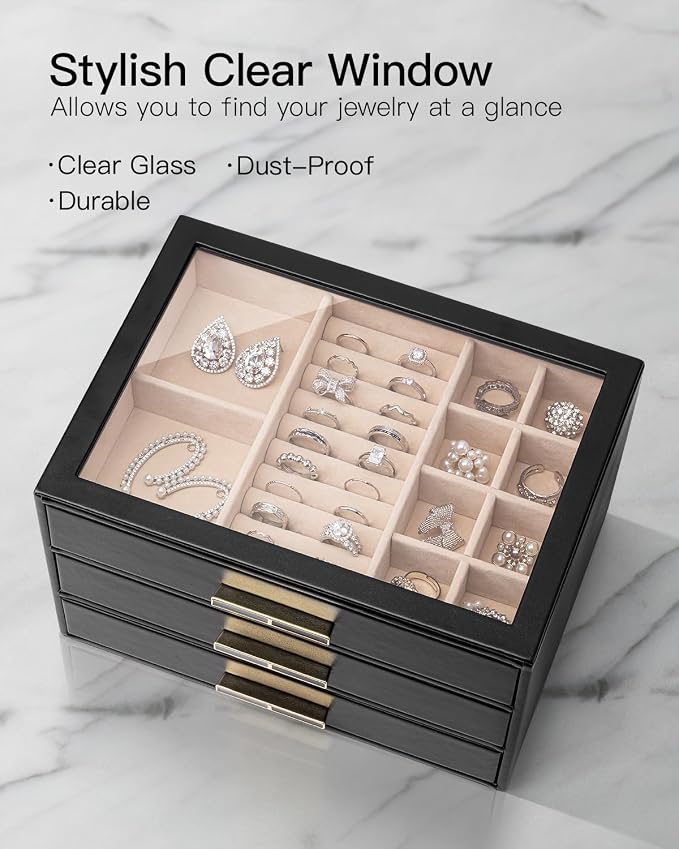 VLANDO Jewelry Box for Women, Glass Lid Jewelry Organizer with 3 Drawers for Necklaces Rings Earrings Bracelets - Black - Image 3