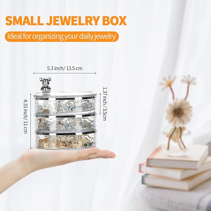 LETURE 3-Layers Rotatable Jewelry Organizer Storage Box, Clear Ripple Jewelry Holder Case for Ring Earring Necklaces Bracelets Makeup Hair Accessories, Small Rotating Jewelry Tray for Women (Clear) - Image 2