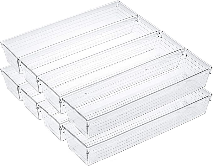 Kingrol 10 Pack 12 x 3 x 2 Inch Clear Drawer Organizer Trays, Desk Drawer Divider Storage Bins, Storage Box Set for Kitchen Bathroom Office Supplies by Kingrol