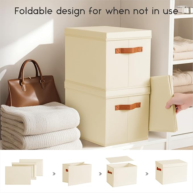 Homsorout Storage Bins with Lids - Fabric Storage Baskets for Shelves, 4 Pack Foldable Decorative Boxes with Handles, Stackable Organizer Bins for Home, Nursery, Dorm, Beige - Image 3