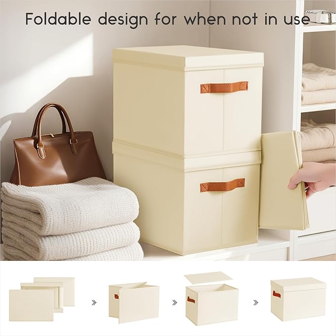 Homsorout Storage Bins with Lids - Large Fabric Closet Bins with Lid, 6 Pack Clothes Organizers and Storage, Collapsible Stackable Cube Basket for Home, Office, Dorm, Beige - Image 3