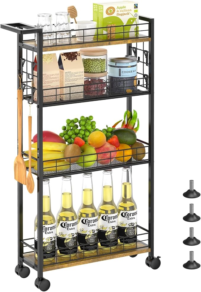 LASZOLA Slim Storage Cart with Wheels, 4 Tier Mobile Narrow Shelving Unit Organizer Utility Cart with Handle, Skinny Rolling Trolley for Small Space Kitchen Bathroom Laundry, Black and Rustic Brown by LASZOLA