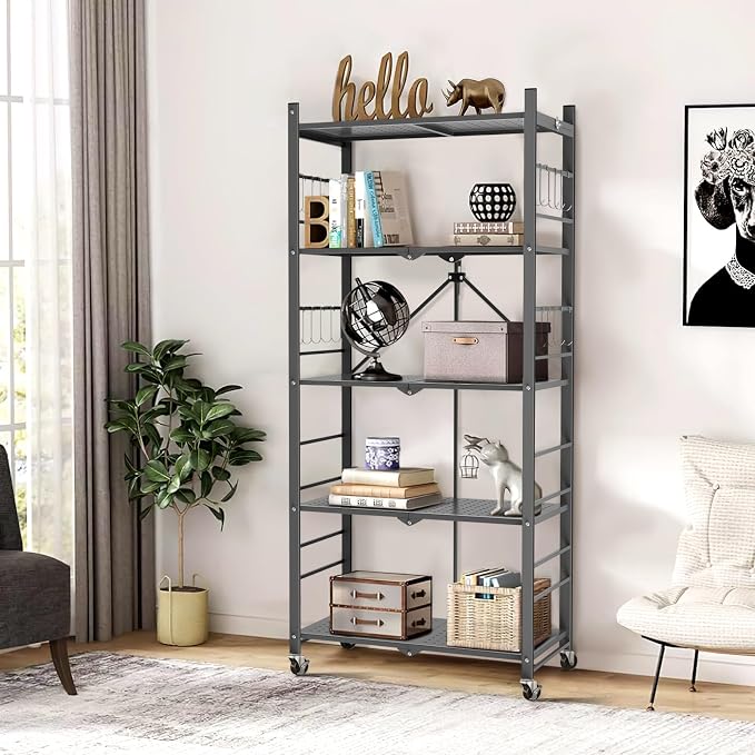 Himix Storage Shelves with 20 Hooks, 5-Tier Foldable Shelves for Storage, Folding Shelf Unit Pantry Shelves Bookshelf with Wheels, Vendor Display Racks for Craft Shows, Home, Grey - No Assembly by Himix