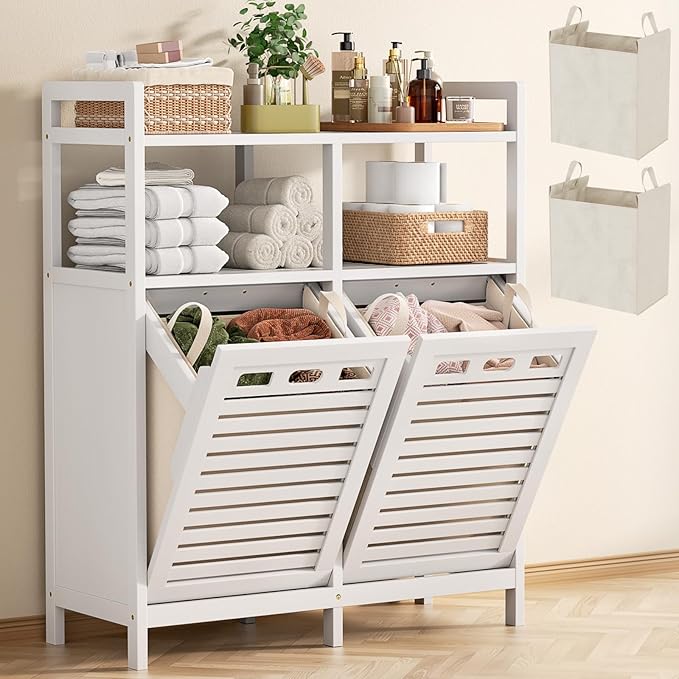 Homykic Tilt Out Laundry Hamper Cabinet, Bamboo Double Laundry Hamper with 2 Removable Laundry Baskets, 20 Gal Laundry Sorter Organizer with Shelf for Dirty Clothes, Bathroom, Laundry Room, White by Homykic