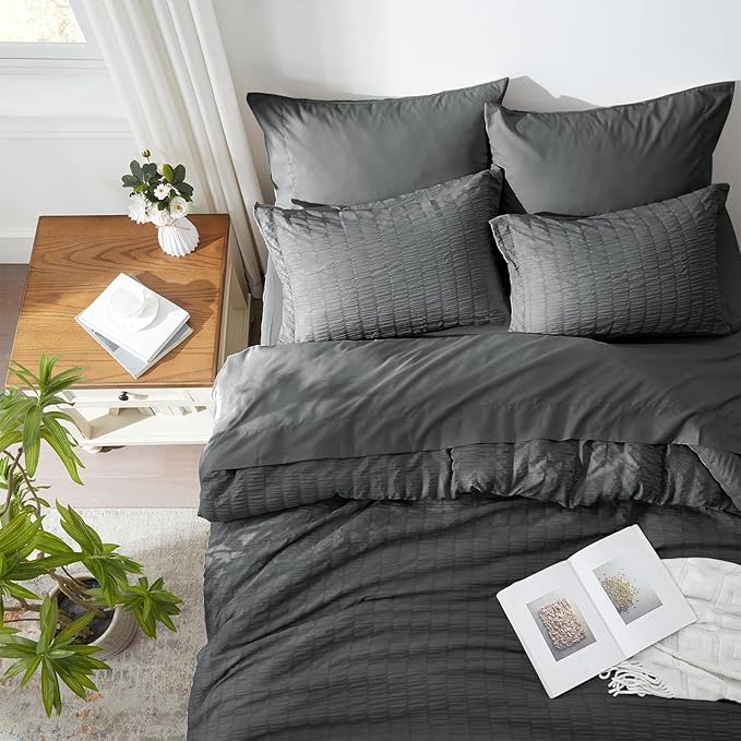 Zzlpp Full Comforter Set 7 Pieces, Dark Grey Seersucker Bed in a Bag with Comforter and Sheets, All Season Bedding Sets with 1 Comforter, 2 Pillow Shams, 2 Pillowcases, 1 Flat Sheet, 1 Fitted Sheet