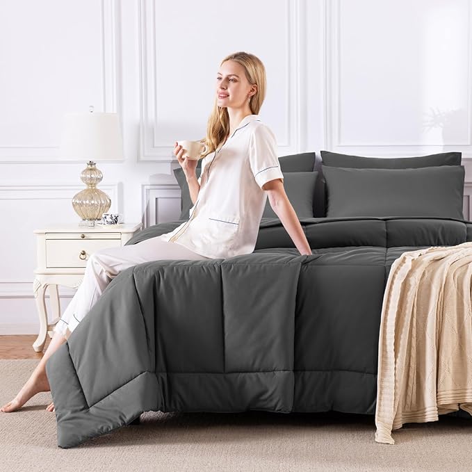 CozyLux King Size Comforter Set Dark Grey, 7 Pieces Bed in a Bag, Dark Grey Comforter King Size, All Season Bedding Sets with Stitch Quilted Comforter, Flat Sheet, Fitted Sheet, Pillowcases