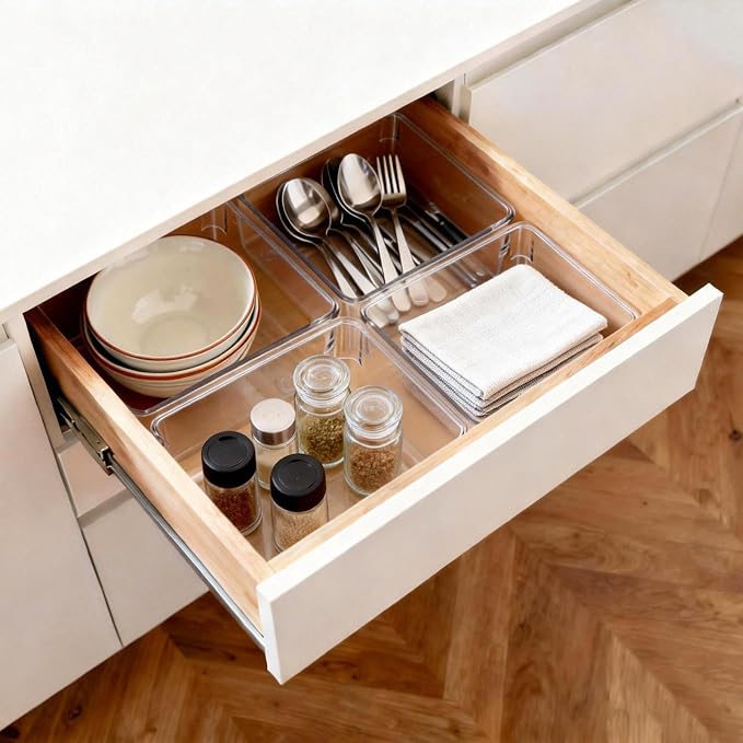 Ohlove 6 Pcs Large Clear Plastic Drawer Organizers Tray 6" x 6" Storage Bins with 25 Pcs Non-Slip Pads for Makeup, Jewelries, Kitchen Utensils, Bathroom and Office - Image 6