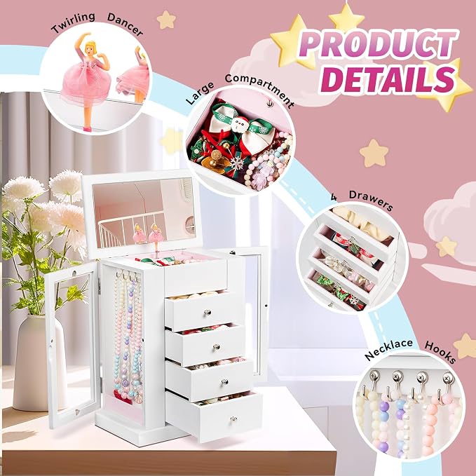 Emfogo Jewelry Box for Girls, Musical Jewelry Box with Spinning Dancer Gifts for Little Girls Christmas New Year Birthday Children's Day, 5 Layer Large Wooden Kids Music Jewelry Organizer Box(White) - Image 7