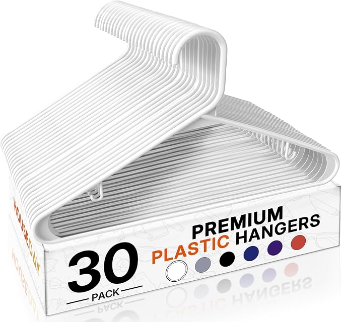 HOUSE DAY White Plastic Hangers 30 Pack, Plastic Clothes Hangers with Built-in Strap Hooks, Space Saving Slim Hanger for Closet Organizers and Storage, Durable Clothing Hanger for Shirts Blouses Tops by HOUSEDAY