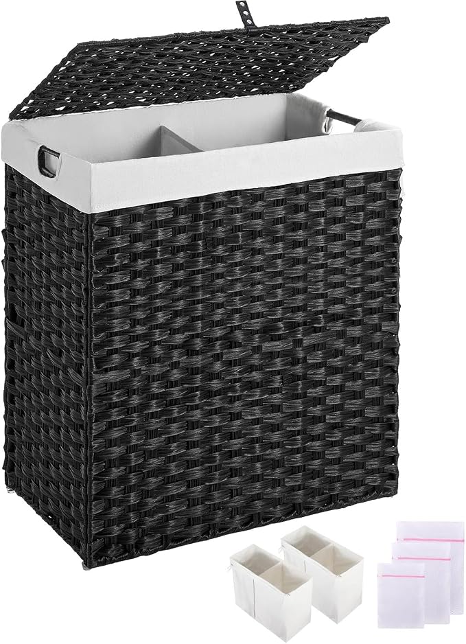 Greenstell Laundry Hamper with lid, No Install Needed, 110L Wicker Laundry Baskets Foldable 2 Removable Liner Bags, 2 Section Clothes Hamper Handwoven Rattan Laundry Basket with Handle, Black - Image 5