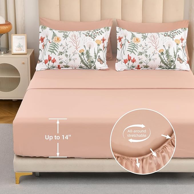 Yiran 7 Piece Floral Comforter Set King Size, Pink Green Summer Comforter Bedding Set, Botanical Bed in a Bag with Flowers Pattern, Soft Microfiber Complete Bedding Set with Sheets for All Season