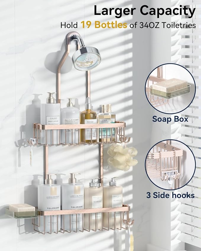 YASONIC Shower Caddy Hanging, Never Rust Shower Organizer Hanging, Aluminum Shower Racks for Inside Shower with Hooks for Razor, Bathroom Organizers and Storage with Soap Holder, Rose Gold - Image 3