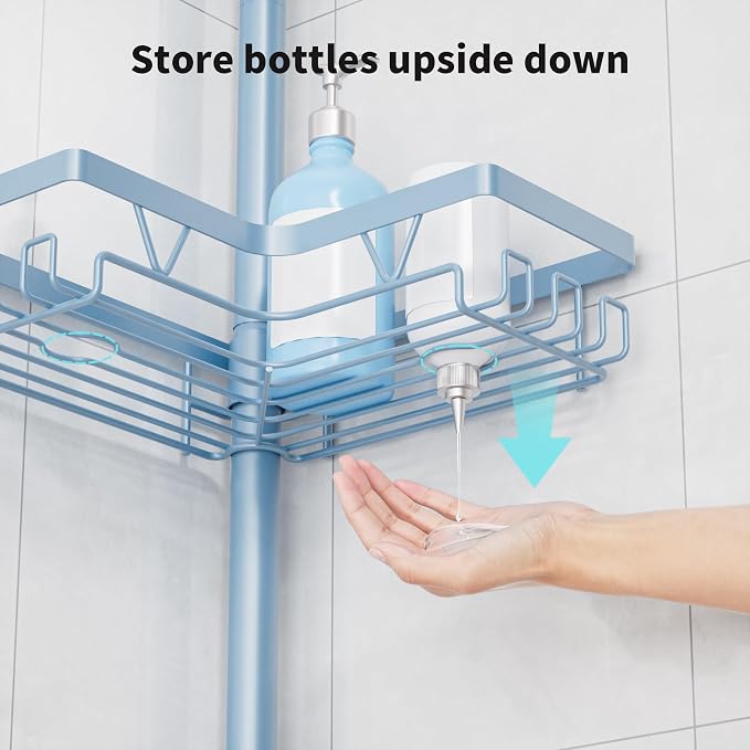 KEGII Shower Caddy Tension Pole, 4-Tier Rustproof Adjustable Corner Bathroom Organizer for Renters, 25–114.2 Inch No Drill Space-Saving Shower Storage Rack, Blue - Image 5