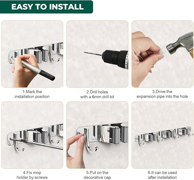 CUXIXA Mop and Broom Holder Wall Mount, Upgraded Broom Organizer Wall Mount, Stainless Steel Broom Hanger Wall Mount for Home Kitchen Garden Laundry Garage (3 Racks with 4 Hooks) - Image 7