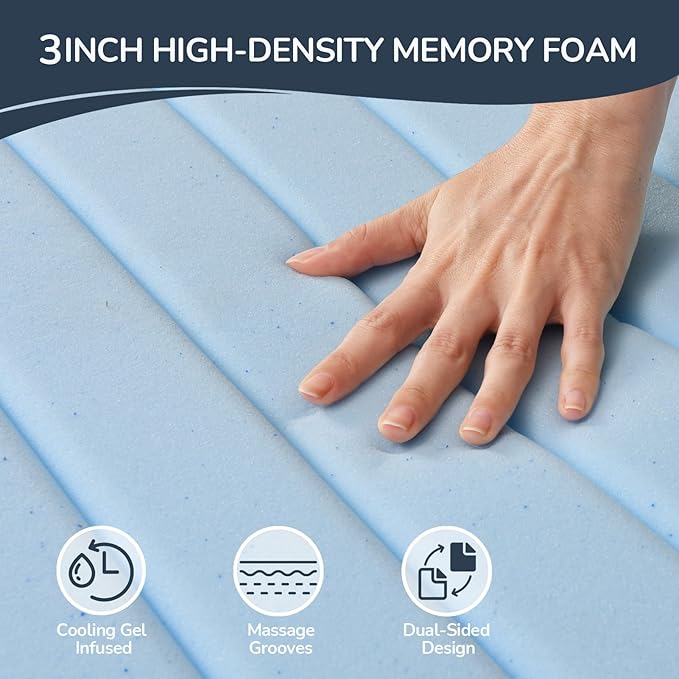 Full Size 3 Inch Gel Memory Foam Mattress Topper, Pressure-Relieving Cooling Mattress Topper for Better Sleep, High Density Foam with Removable Cover for Dorm and Bedroom