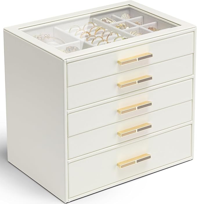 VLANDO 5 Layer Jewelry Box for Women, Glass Lid Jewelry Organizer with 5 Drawers for Necklaces Rings Earrings Bracelets - Cloud White by VLANDO