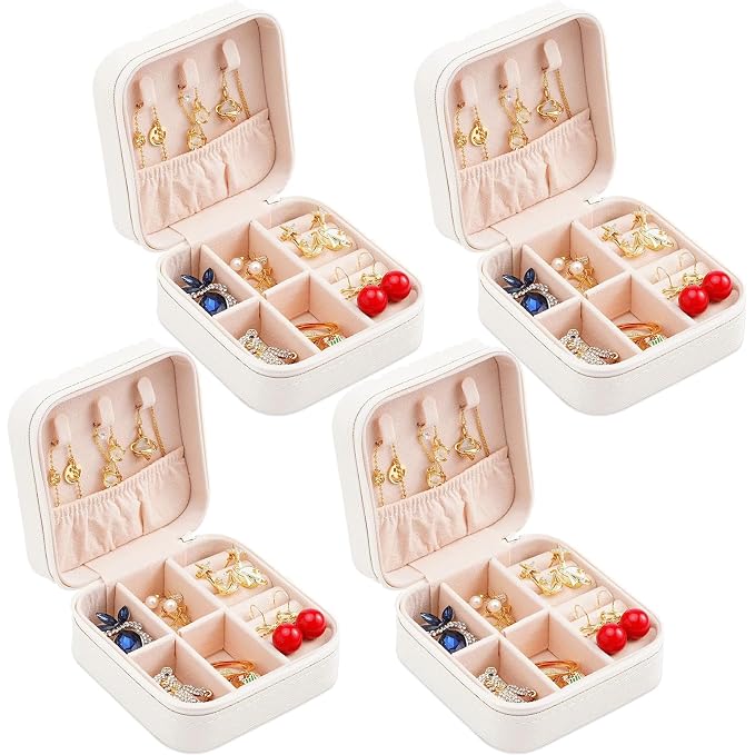 Neveika Portable Travel Mini Jewelry Box Leather Jewellery Ring Organizer Case Storage Gift Box Girls Women (4pcs White). - Image 8