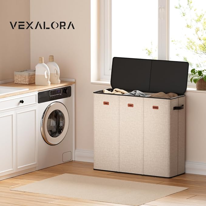 185L Laundry Hamper 3 Section, Laundry Hamper with Lid, Dirty Clothes Hamper with 3 Removable Washing Bags, Extra Large Laundry Basket Organizer for Bedroom, Laundry Room, Dorm - Khaki - Image 6