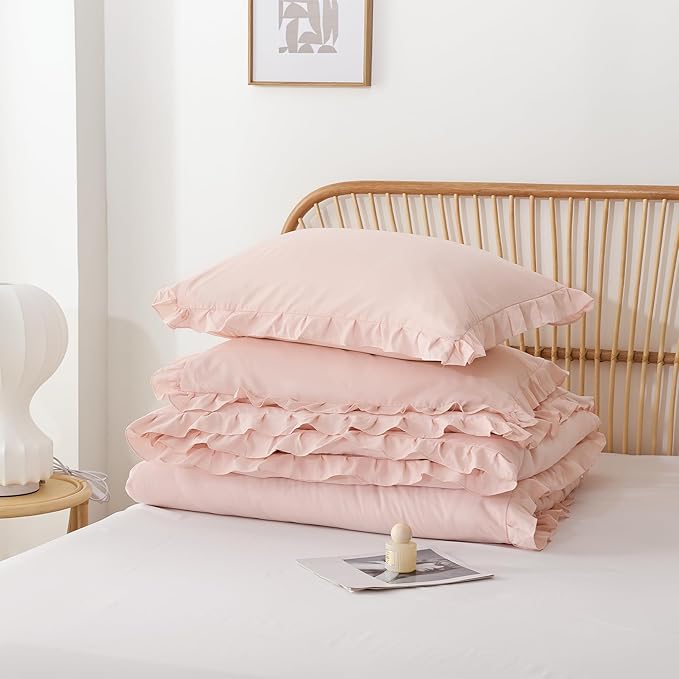 JANZAA Bedding Set, Blush Ruffle 3PCS (1 Comforter Set and 2 Pillow Covers) All Season, Shabby Chic, Vintage, Polyester, King, Soft