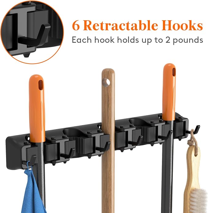 Lifewit Mop and Broom Holder Wall Mount, Anti-Slip Broom Hanger for Cleaning Supplies Organizer, Easy Install Tool Hanging Rack for Closet, Kitchen, Garage, 5 Slot 6 Hooks, Hold 30lbs, Black, 1 Pack - Image 4