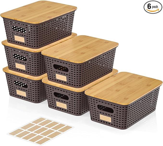6Pcs Storage Bins with Lids, Stackable Plastic Storage Basket with Bamboo Lid, Pantry Organizer Box Small Containers for Organizing Shelves Drawer Desktop Closet Cabinet Office Classroom 10x7.1x4.1in by Viphope