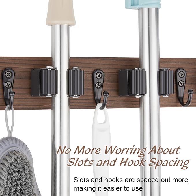 OUTNILI Mop and Broom Holder Wall Mount - Wood Broom Mop Hanger - Wall Mounted Garden Tool Rack Organizer for Closet Garage Laundry Room for Rustic Kitchen Decor With 5 Slots & 4 Hooks - Image 5