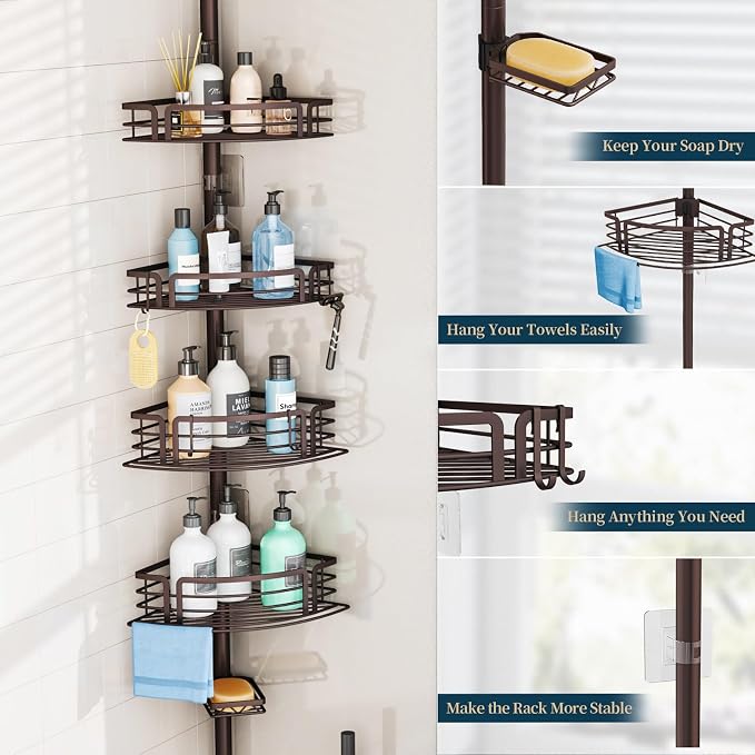Consumest Corner Shower Caddy Tension Pole - Rustproof Shower Shelves with Towel Bar & Soap Holder, Adjustable Bath Organizer for Bathroom Storage, 27.6-108.3 inch, Bronze - Image 5