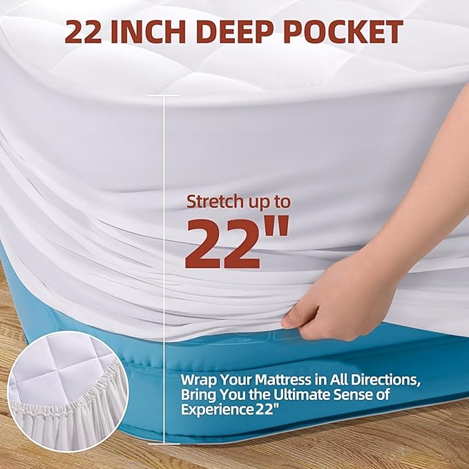 Queen Mattress Pad, Deep Pocket Quilted Premium Mattress Protector, Anti-Shift Design, Extra Elastic Strap, Soft Breathable & Noiseless Mattress Cover, Fit up to 22" (60x80 Inches, White)