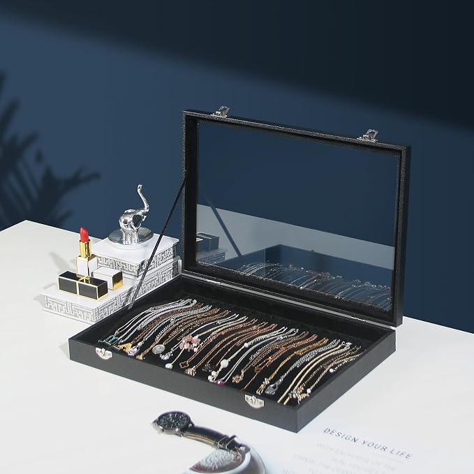 Coward 20 Hooks Necklace Organizer Jewelry Box, Dustproof Necklace Display Holder Case, Black Velvet Necklace Display Tray Case with Transparent Glass Lid for Home Use or Store Selling Show - Image 5