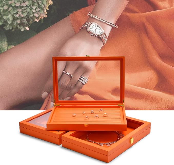 Oirlv Premium Leather Jewelry Tray with 24 Grid Removable Jewelry Cards Necklace Organizer Box with Transparent Acrylic Lid Necklace Pendant Display Case - Image 2