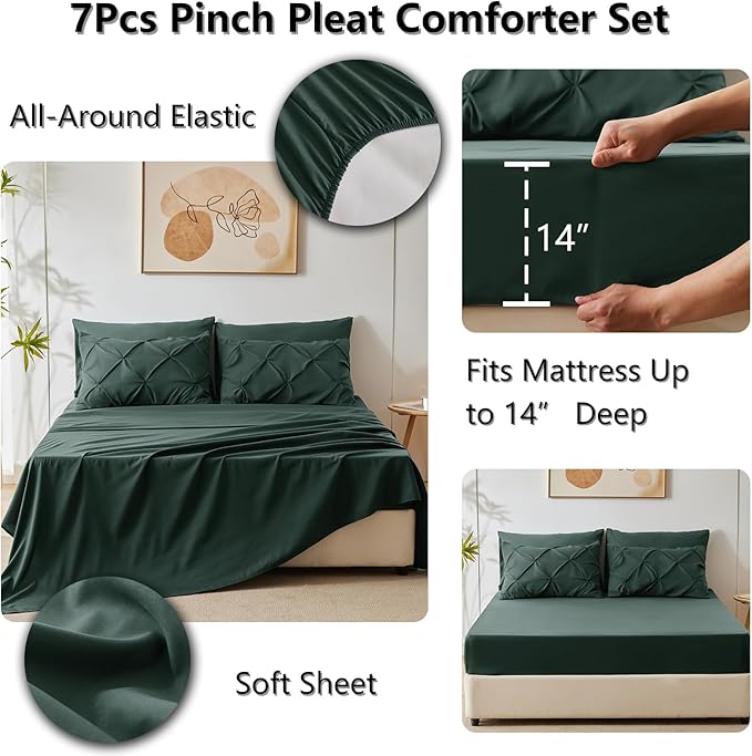 CozyLux Queen Comforter Set Forest Green, 7 Pieces Pintuck Bed in A Bag, Premium Green Comforter Queen Size, Pinch Pleat Bedding Sets with Comforter, Sheets, Pillowcases & Shams