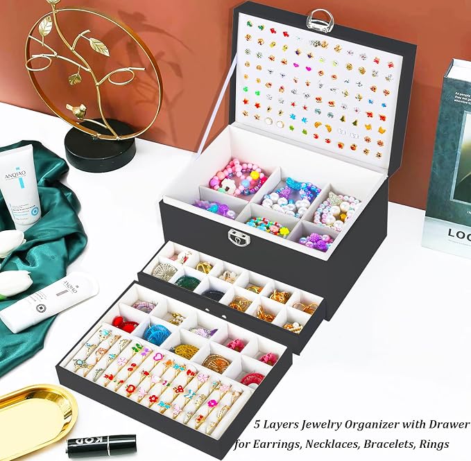 QBestry Earring Jewelry Box for Women Girls Stud Organizer, 5 Layers Black Jewelry Organizer Box With Lock Necklaces and Earrings Holder Jewelry Box with Earring Organizxer for Women Girls Xmas Gifts - Image 8