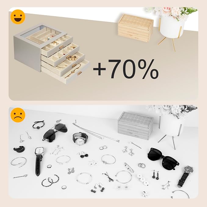 Jewelry Box with Glass Lid, 4-Layer Jewelry Organizer for Women Girls, PU Leather Display Case with 20-Grid Earring Tray & Movable Dividers for Necklaces Rings,Grey - Image 8