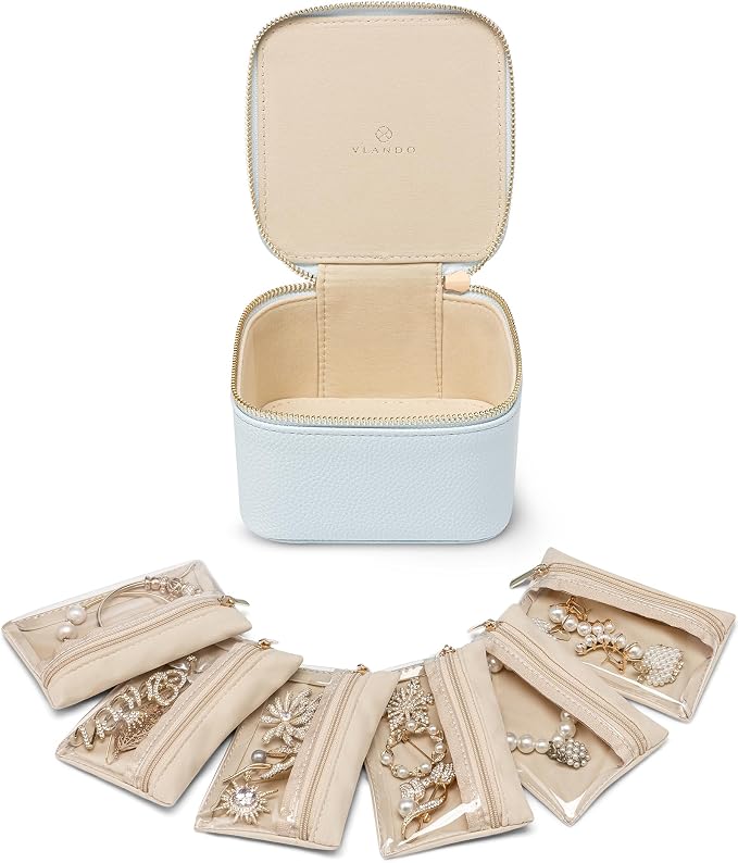 Vlando Jewelry Travel Case,Travel Jewelry Organizer with Clear Velvet Jewelry Bags 6Pcs Zipper Pouch for Women Wedding,Birthday Gift-Baby Blue by VLANDO