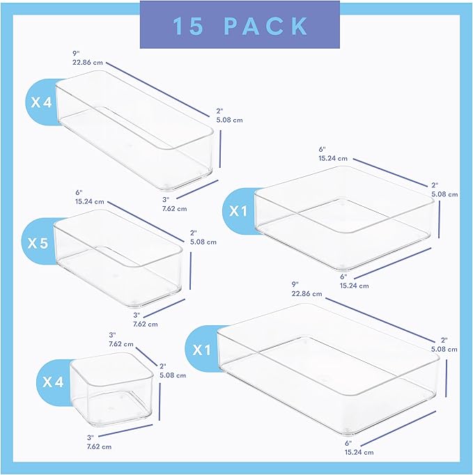 primebox Fifteen Pieces. Plastic Clear Drawer Organizers. Bathroom, Kitchen, Bedroom, Utensils, Office Organizer Bins, Storage Trays. Heavy Duty, Stackable 5 Sizes. - Image 3