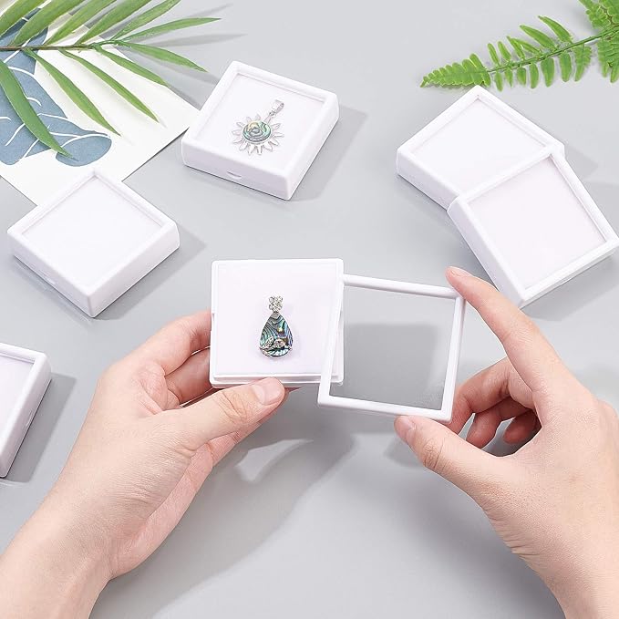 BENECREAT 10PCS White Gemstone Display Box Square Acrylic Jewelry Box Container(2.4x2.4x0.8) with Clear Top Lids and Sponge Inside for Gems, Jewelry Packing - Image 3