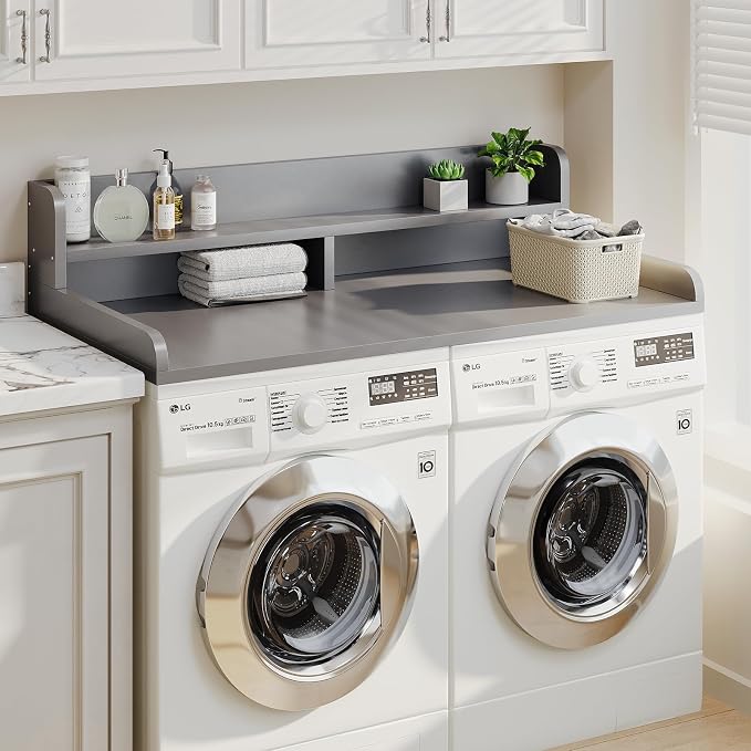 2-Tier Washer Dryer Countertop with 2.75"H Edge Rails, 54" W x 27.55" D Laundry Countertop for Folding Clothes, Washer and Dryer Topper with Non-Slip Pad (Gray) - Image 5
