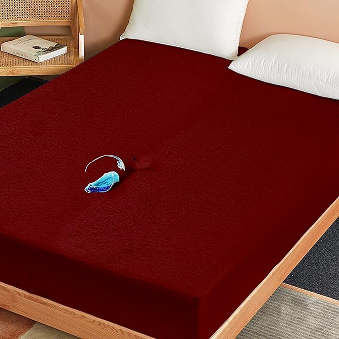 SKY BEDDINGS Full Size Waterproof Mattress Protector - Premium Terry Mattress Cover, Ultra Soft, Breathable, Noiseless Bed Cover, Fitted Sheet with Stretchable Deep Pockets Upto 15" - Burgundy