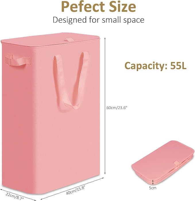 efluky Slim Laundry Basket with Lid, Narrow Laundry Hamper with Handles, Collapsible Dirty Clothes Hamper, Tall Laundry Bin for Laundry Room, Dorm and Bedroom, 55L Pink - Image 2