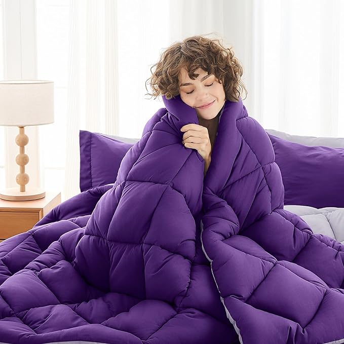 MUXHOMO 5 Pieces Twin Comforter Set, Reversible Bed in a Bag Twin Size, All Season Bedding Set with Comforter, Flat Sheet, Fitted Sheet, Pillowcases & Shams, Purple & Lavender